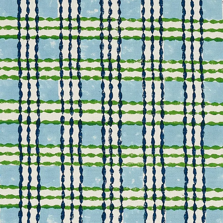 Schumacher 179800 Trellis Hand Block Print Sky & Grass fabric swatch