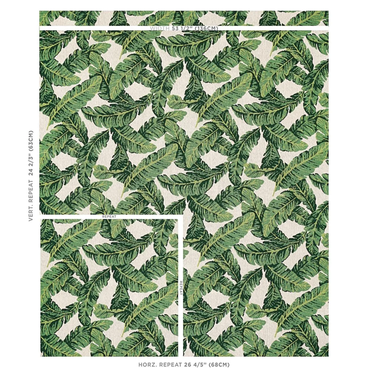 Schumacher 80090 Tropical Leaf éPinglé Green & Ivory fabric swatch