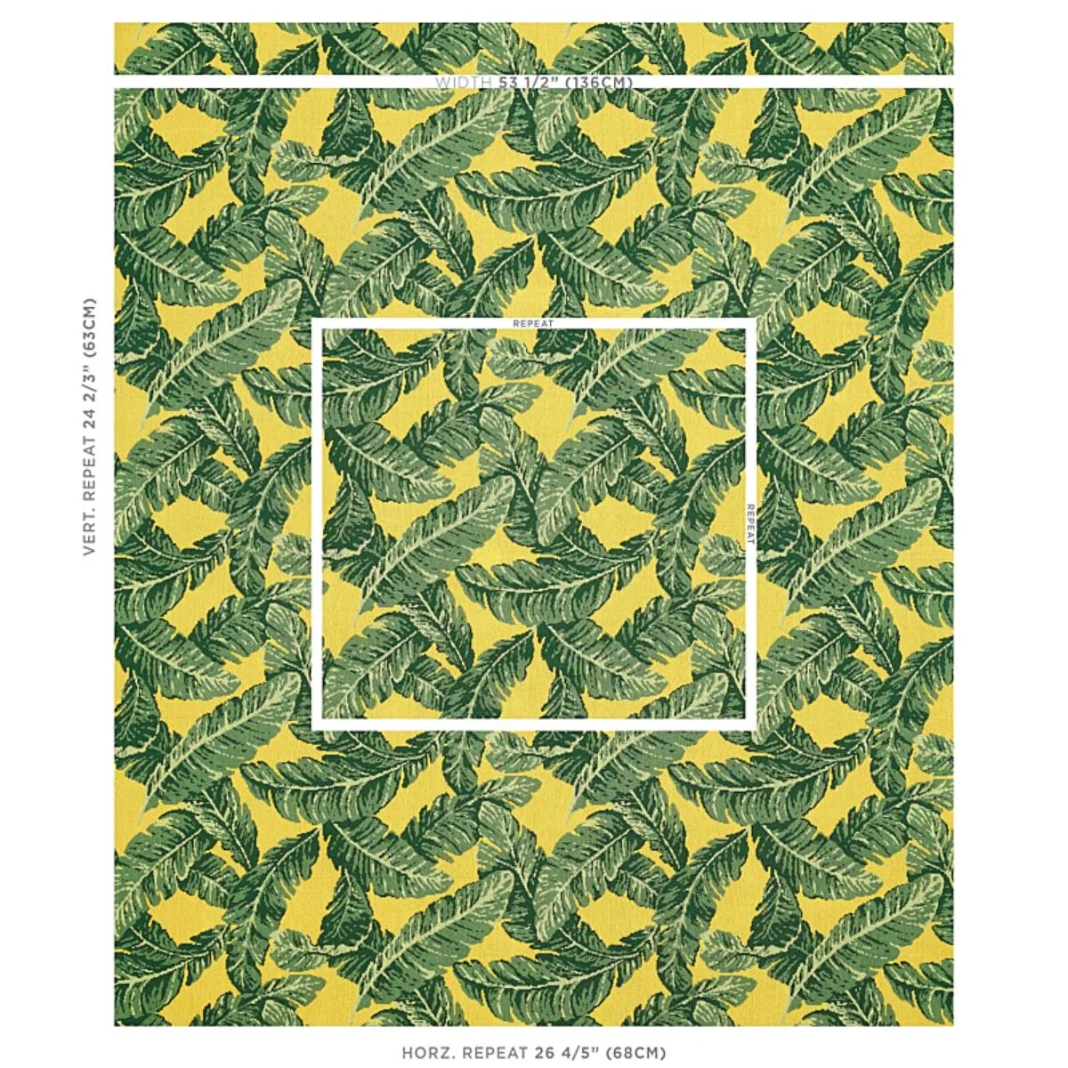 Schumacher 80091 Tropical Leaf éPinglé Green & Yellow fabric swatch