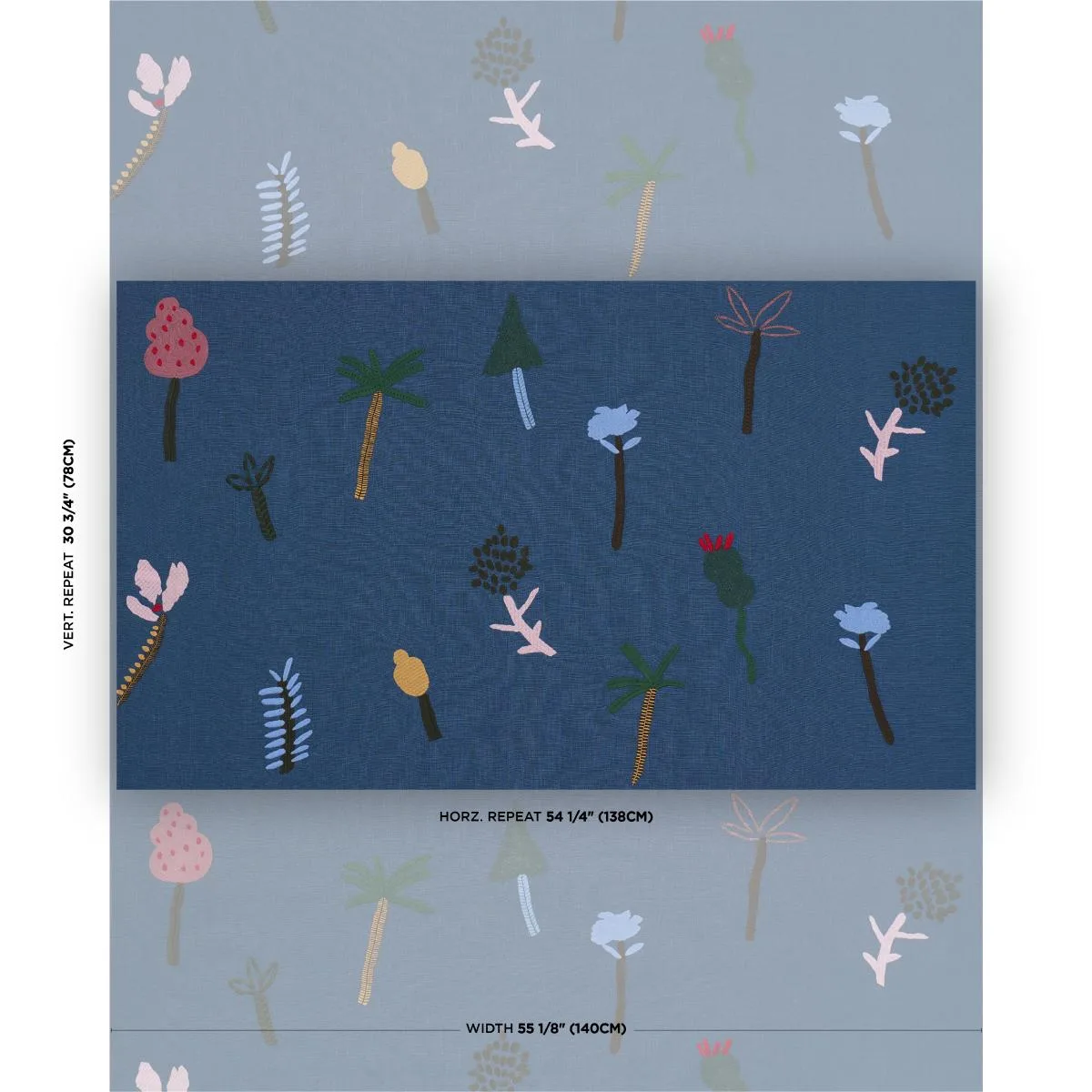 Schumacher 85852 Tropical Trees Blue fabric swatch