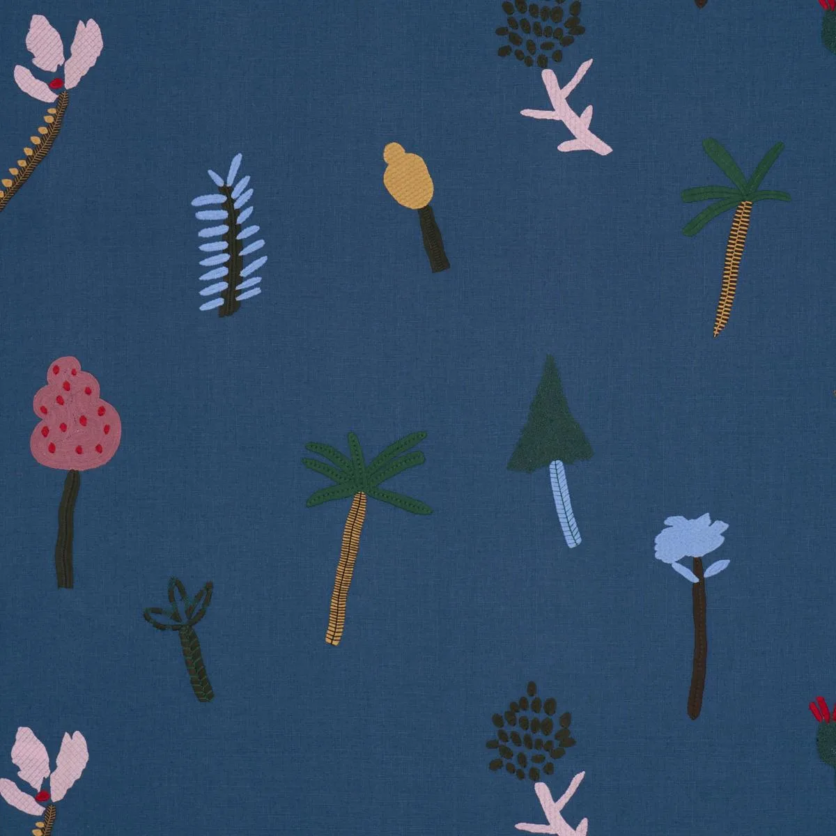 Schumacher 85852 Tropical Trees Blue fabric swatch