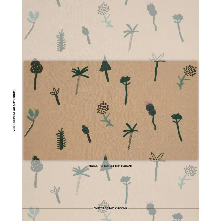 Schumacher 85851 Tropical Trees Green On Natural fabric swatch