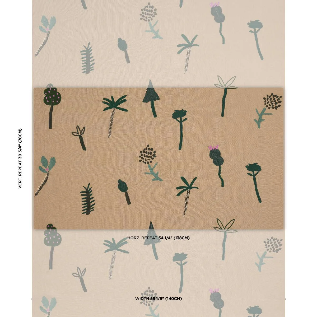 Schumacher 85851 Tropical Trees Green On Natural fabric swatch