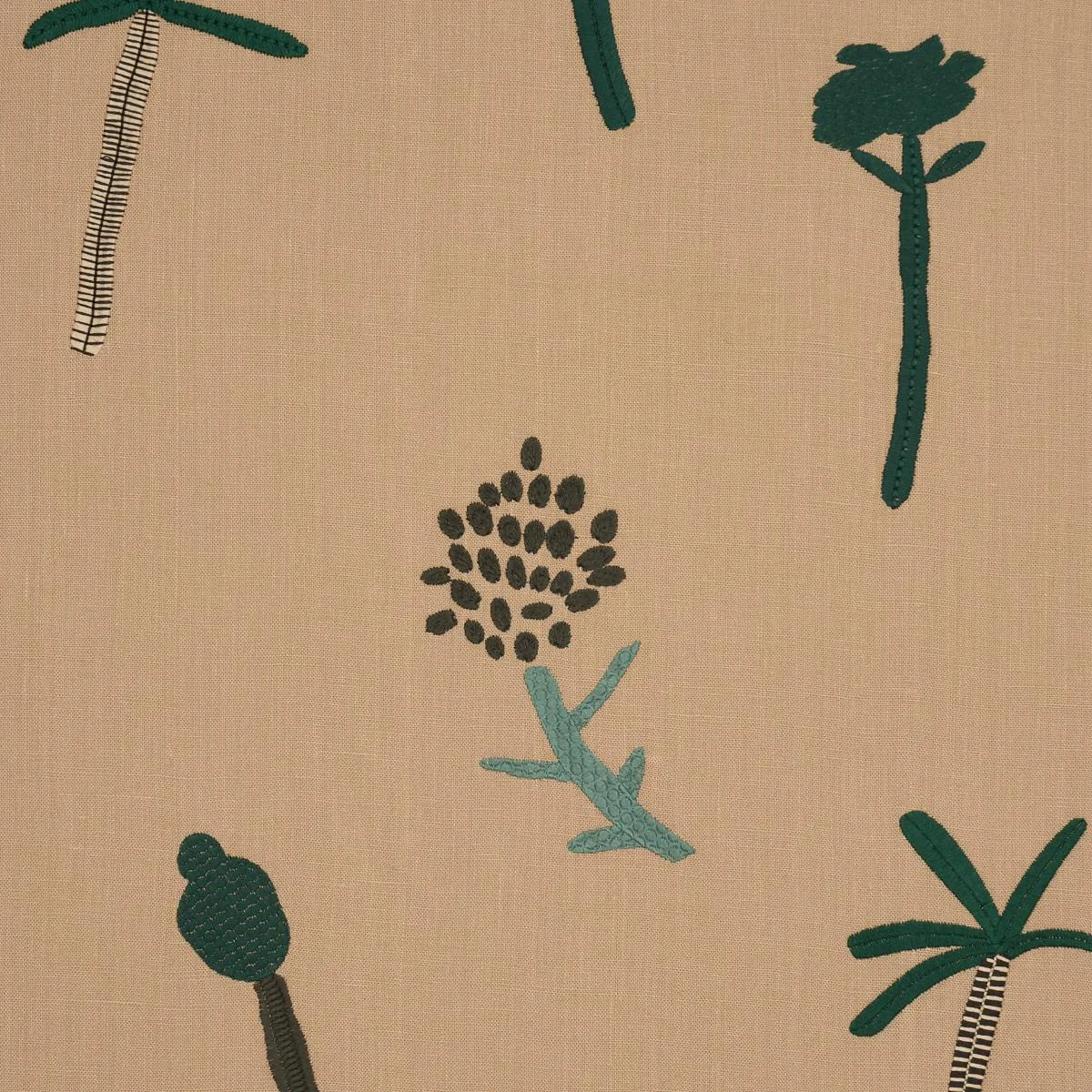 Schumacher 85851 Tropical Trees Green On Natural fabric swatch