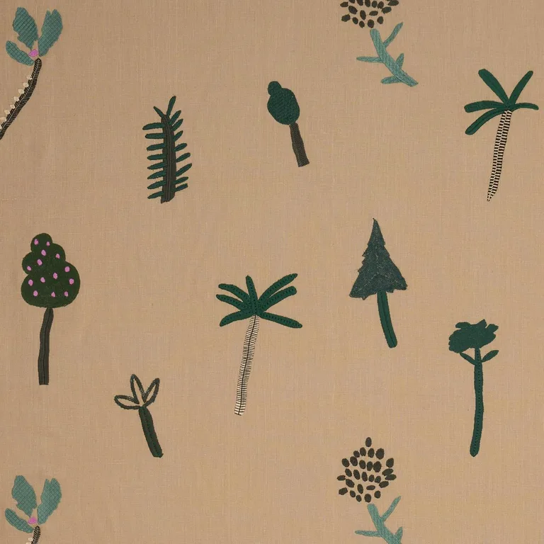 Schumacher 85851 Tropical Trees Green On Natural fabric swatch