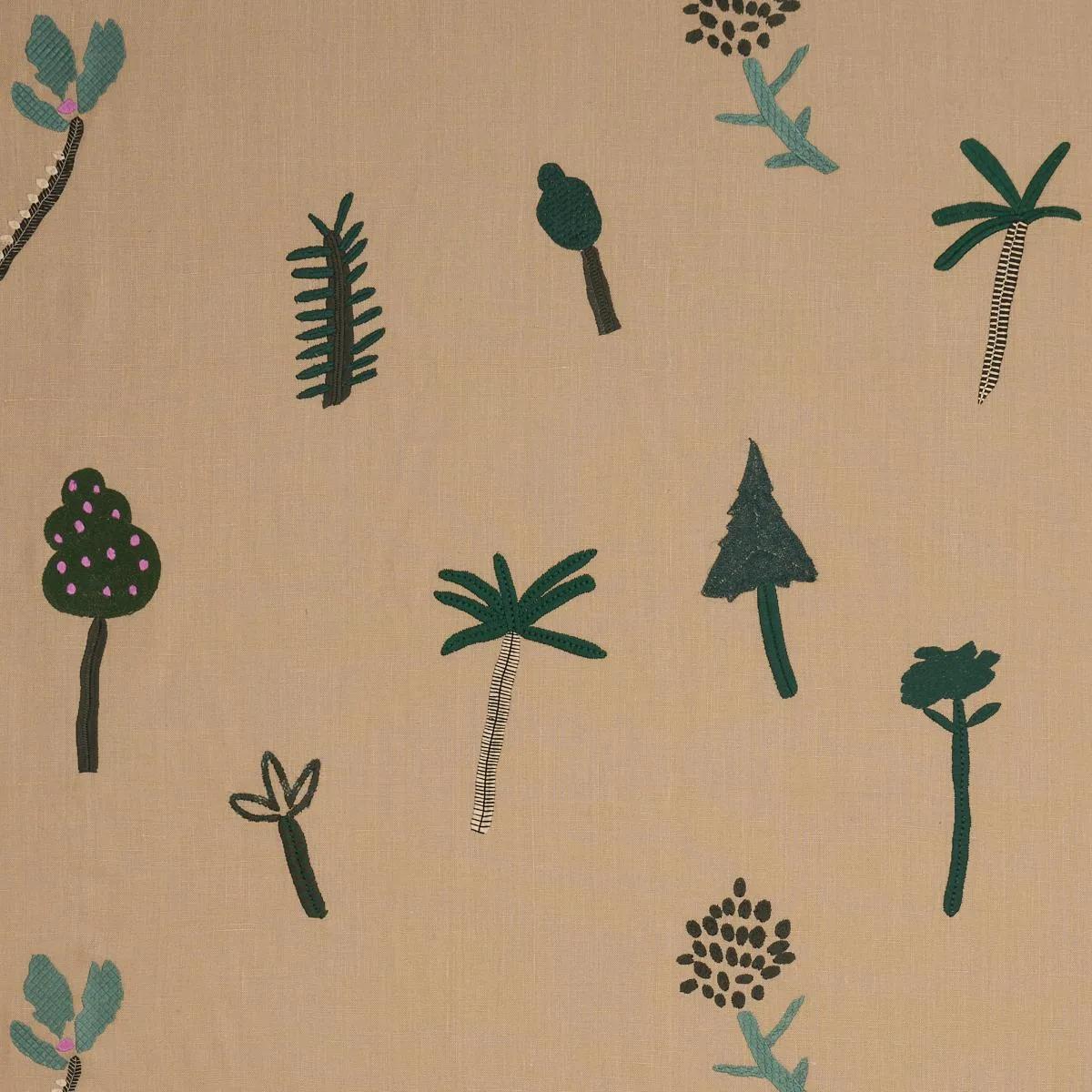 85851 Tropical Trees Green On Natural Fabric