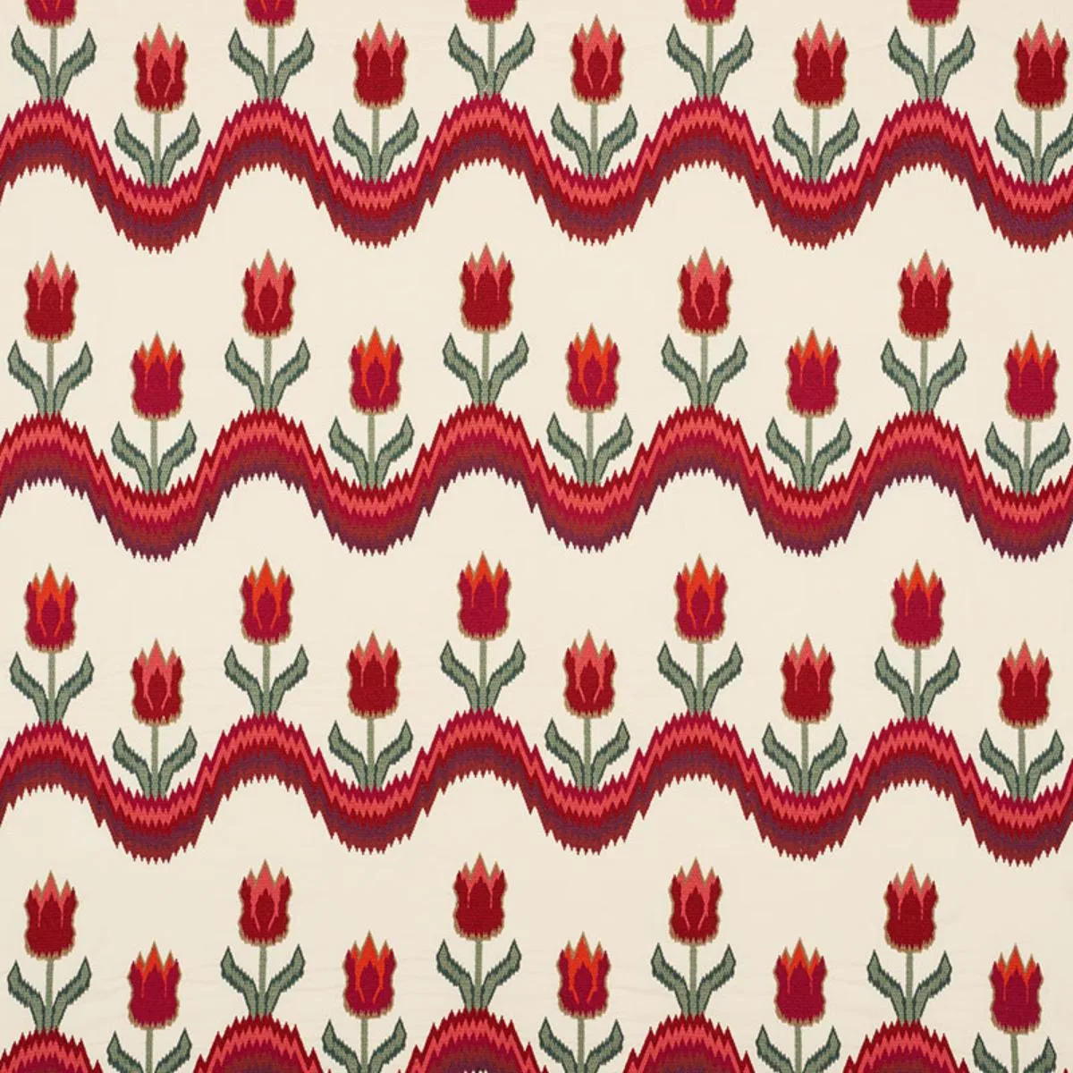 Schumacher 70271 Tulip Flamestitch Embroidery Vermilion fabric swatch