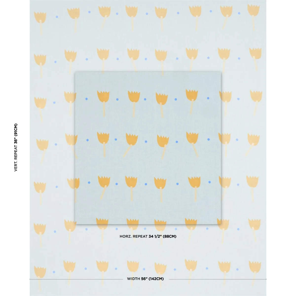 Schumacher 182400 Tulip Play Hand Block Print Ochre On Sky fabric swatch