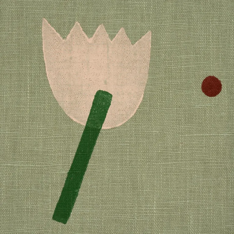 Schumacher 182402 Tulip Play Hand Block Print Peach On Sage fabric swatch