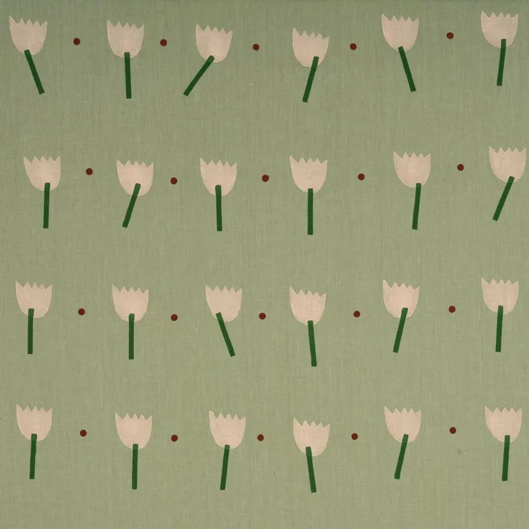 Schumacher 182402 Tulip Play Hand Block Print Peach On Sage fabric swatch