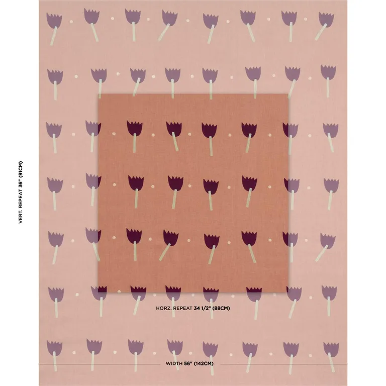 Schumacher 182401 Tulip Play Hand Block Print Violet On Rust fabric swatch
