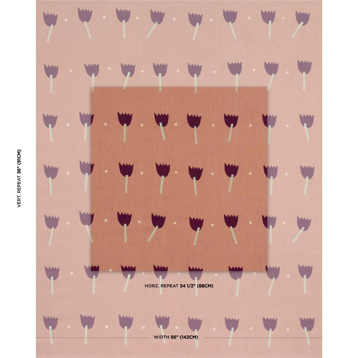 Schumacher 182401 Tulip Play Hand Block Print Violet On Rust fabric swatch