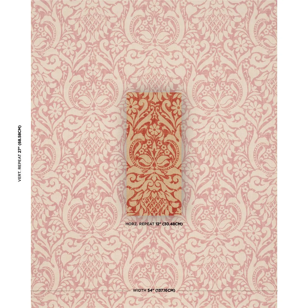 Schumacher 173342 Valencay Damask Terracotta fabric swatch