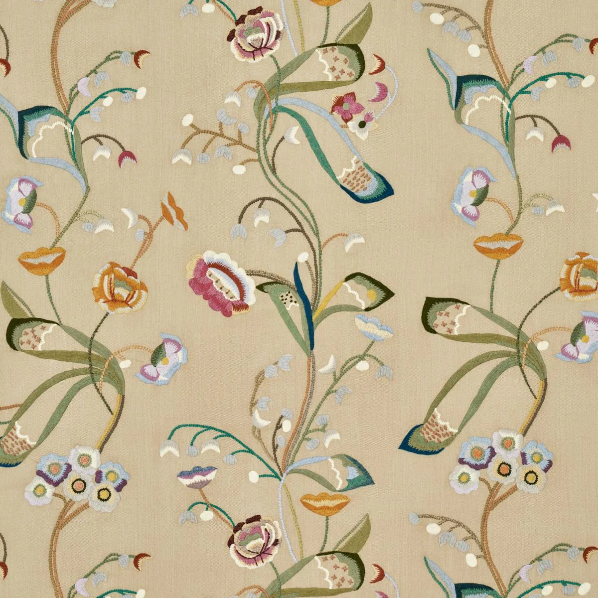 Schumacher 52090 Vanessa Embroidery Chamois/Multi fabric swatch