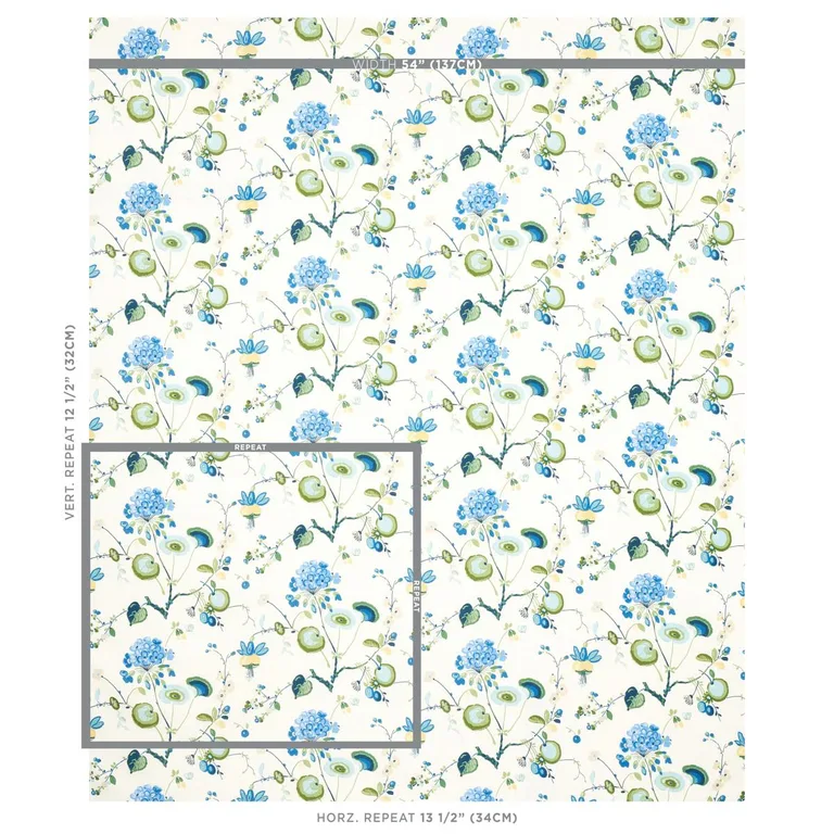 Schumacher 180081 Vasily Linen Green And Blue fabric swatch
