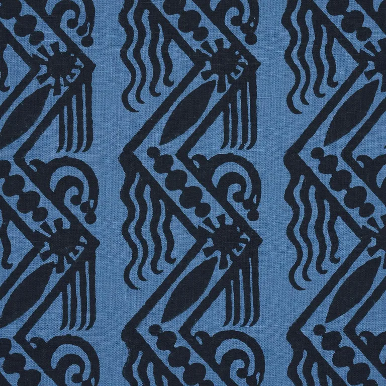 Schumacher 181561 Venetian Zig Zag Block Print Black On Blue fabric swatch