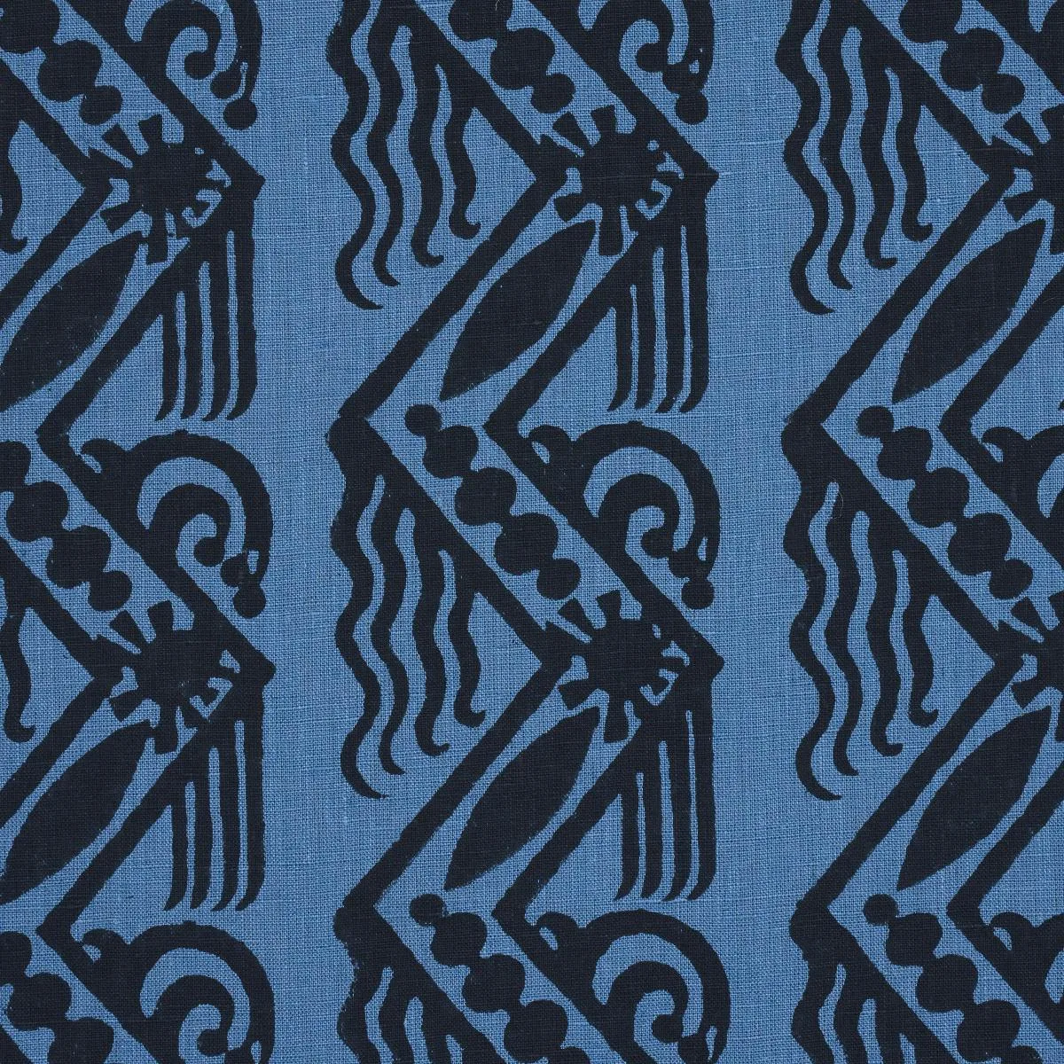 Schumacher 181561 Venetian Zig Zag Block Print Black On Blue fabric swatch