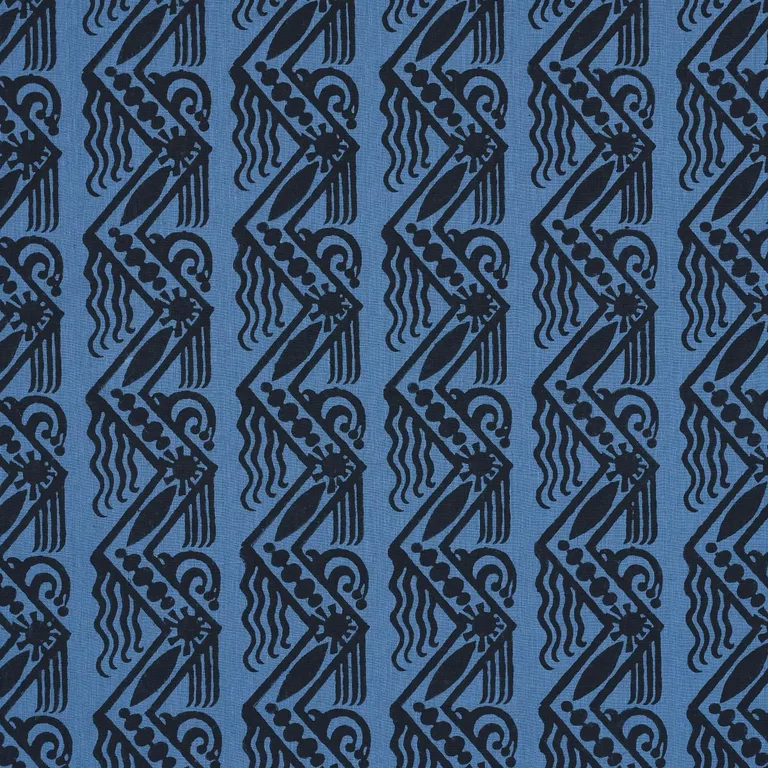 Schumacher 181561 Venetian Zig Zag Block Print Black On Blue fabric swatch