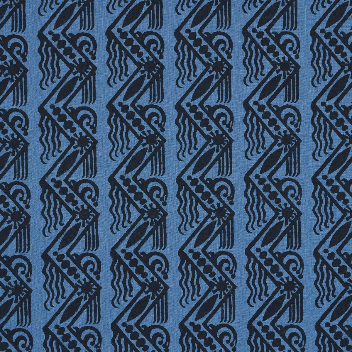 Schumacher 181561 Venetian Zig Zag Block Print Black On Blue fabric swatch