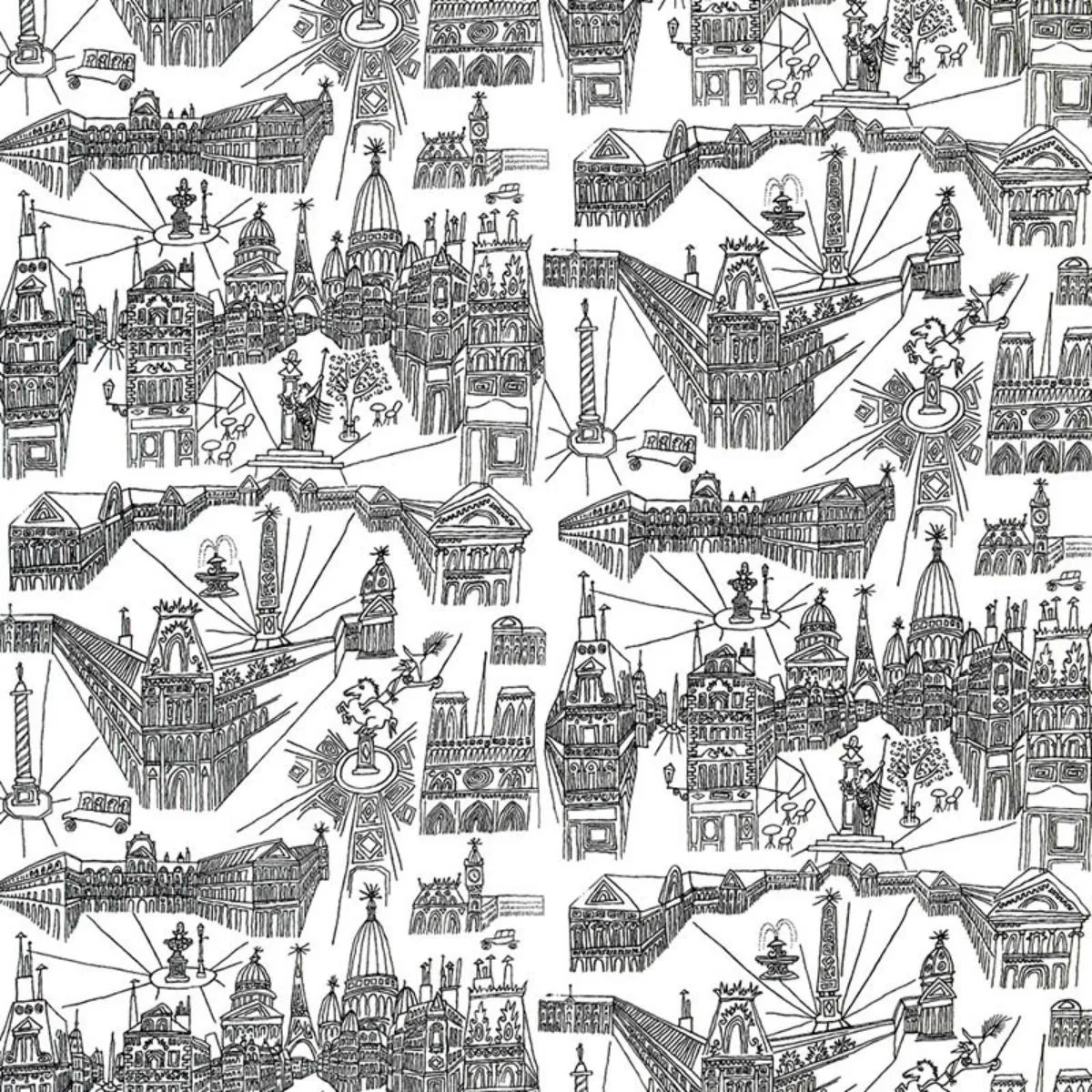 Schumacher 2628830 Views Of Paris Black On White fabric swatch