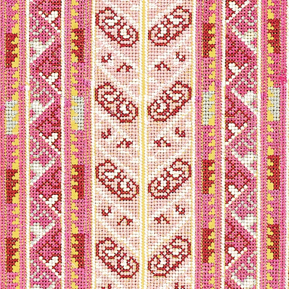 Schumacher 79622 Vinka Embroidery Pink & Yellow fabric swatch