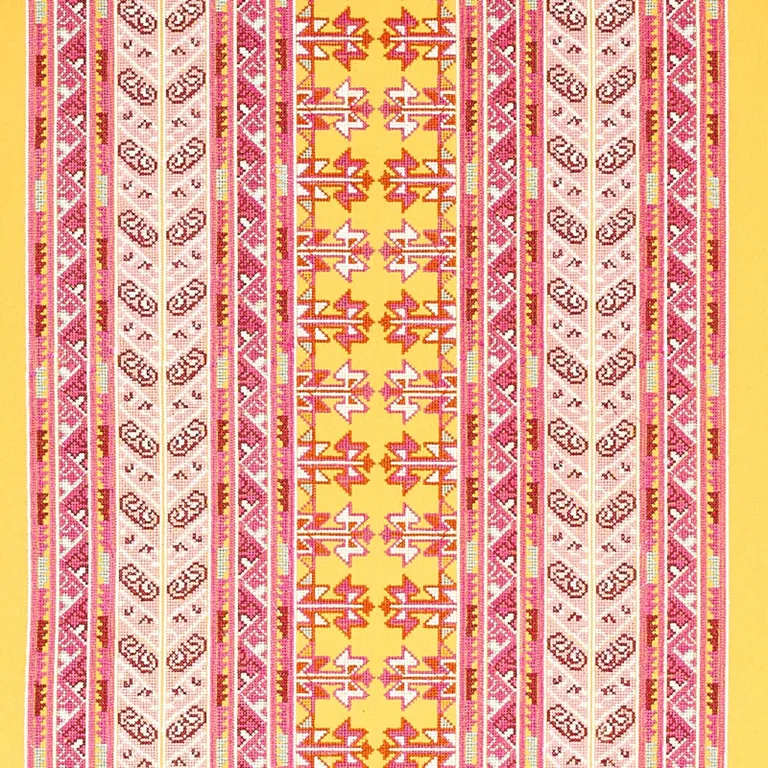 Schumacher 79622 Vinka Embroidery Pink & Yellow fabric swatch