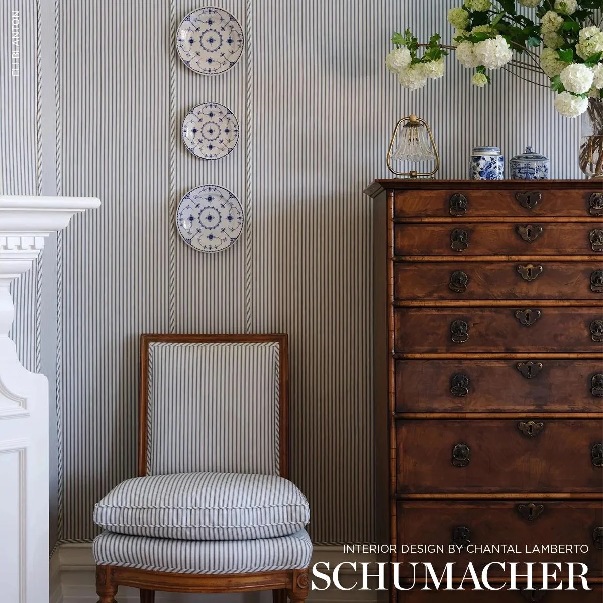 Schumacher 66021 Wellfleet Ticking Stripe Ocean fabric swatch