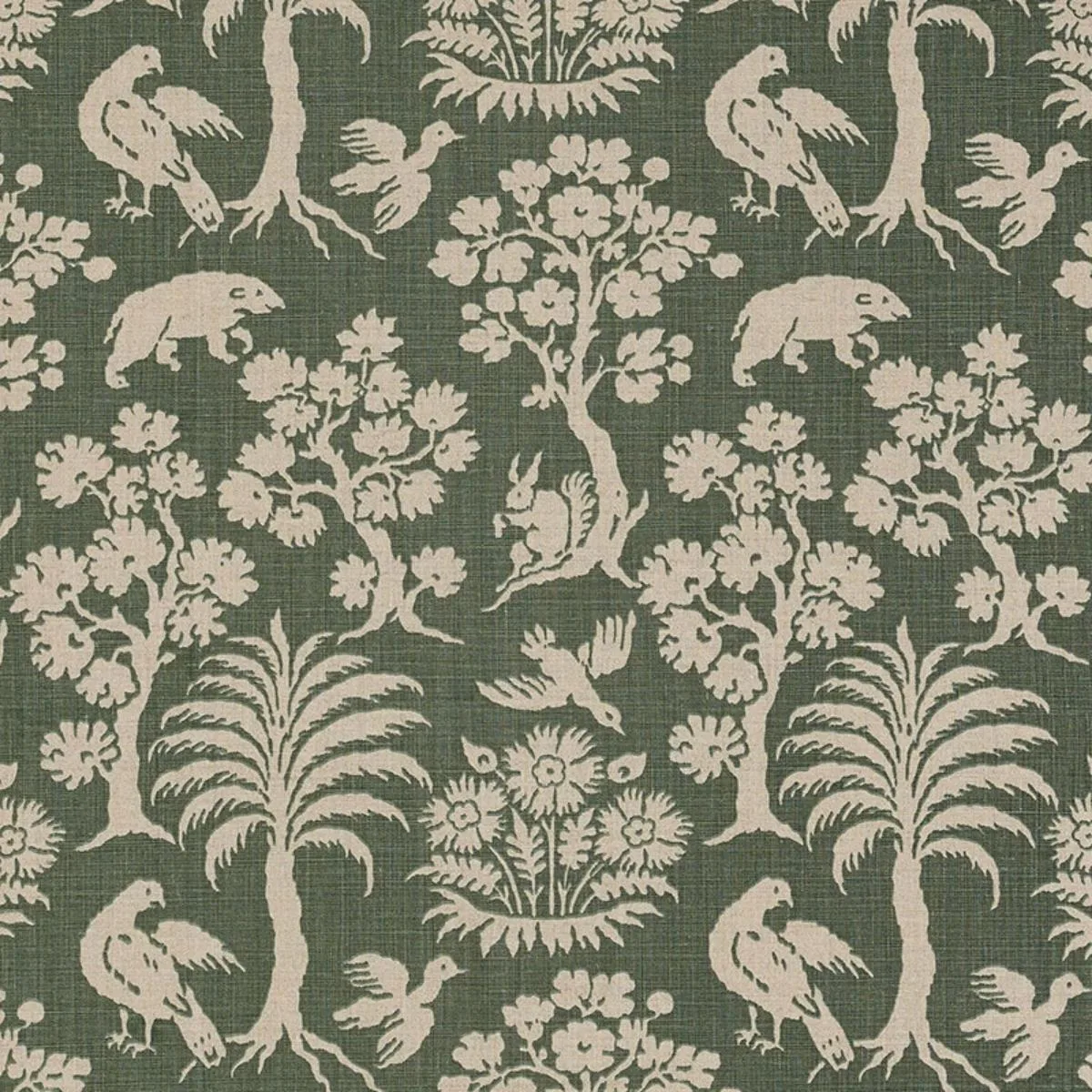 Schumacher 176173 Woodland Silhouette Moss fabric swatch