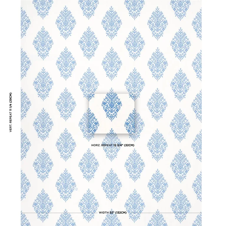 Schumacher 70225 Zinda Embroidery Blue On Ivory fabric swatch