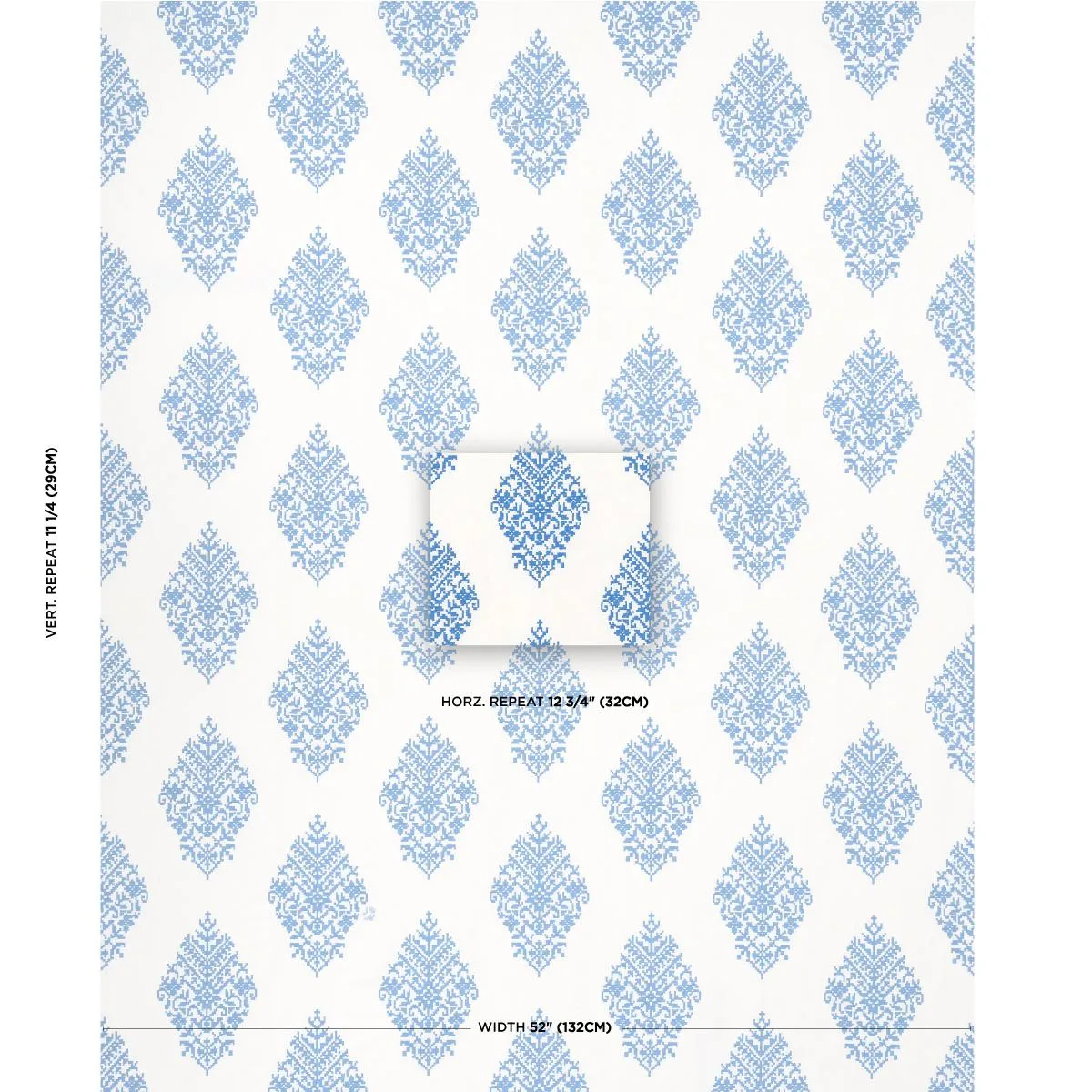 Schumacher 70225 Zinda Embroidery Blue On Ivory fabric swatch