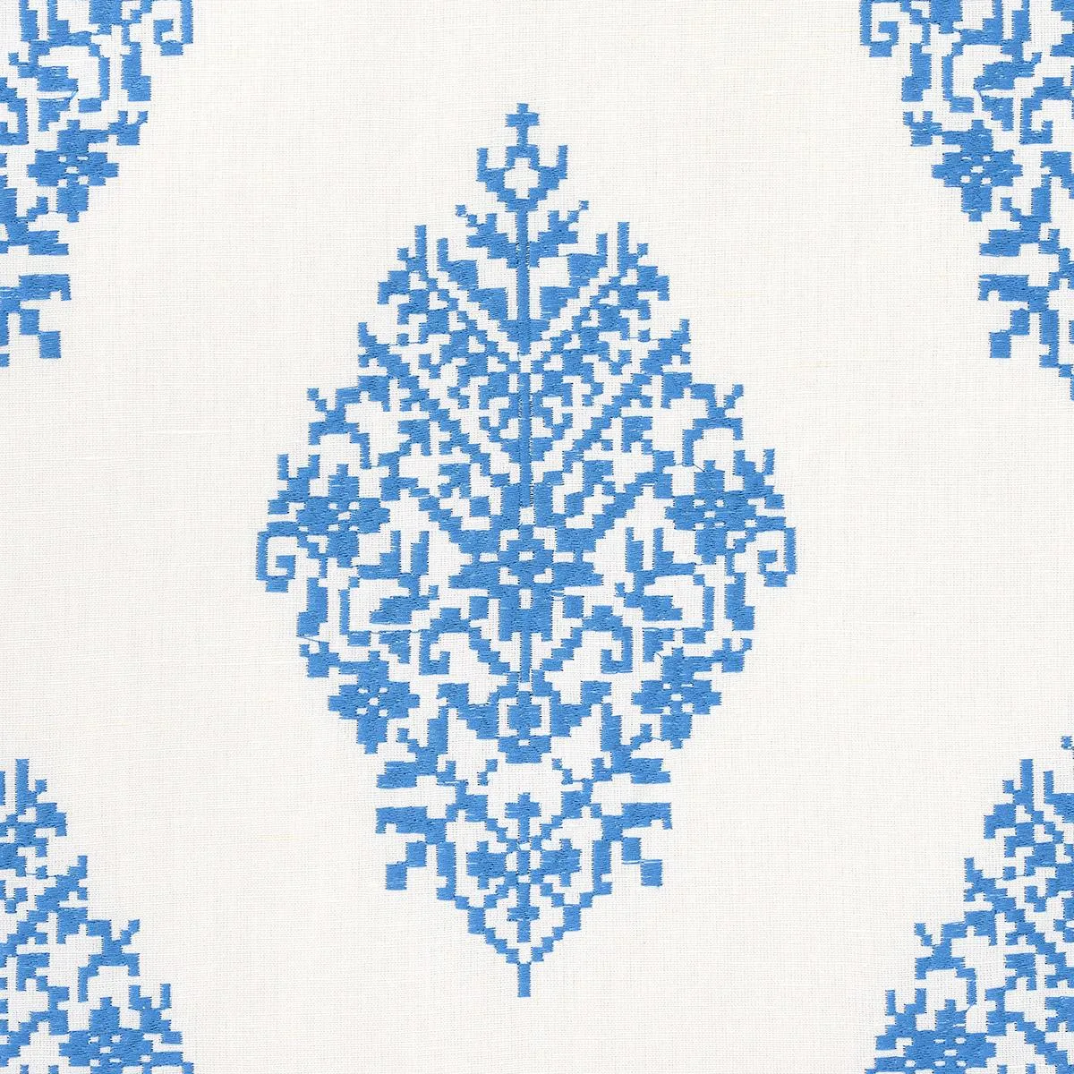 Schumacher 70225 Zinda Embroidery Blue On Ivory fabric swatch