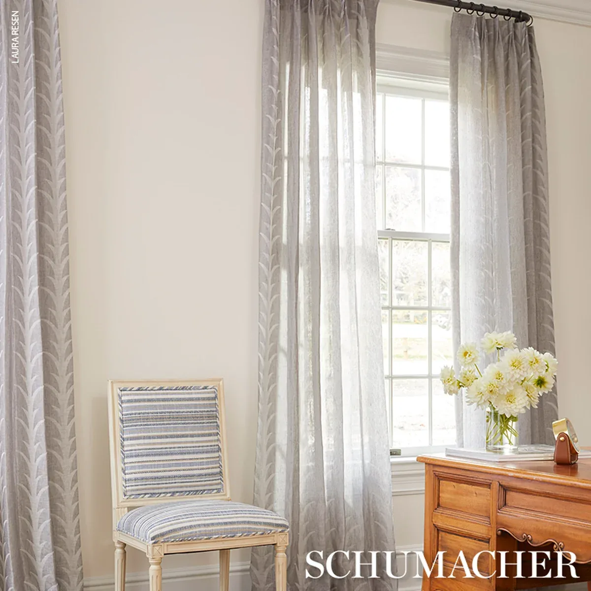 ACANTHUS STRIPE SHEER fabric CARBON color by Schumacher
