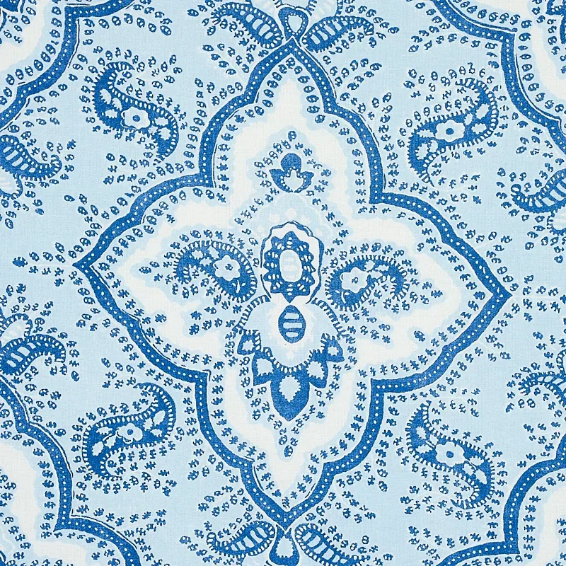 AMALIA MEDALLION HANDMADE PRINT Fabric – BLUE | Schumacher | AMALIA MEDALLION HANDMADE PRINT fabric BLUE color by Schumacher