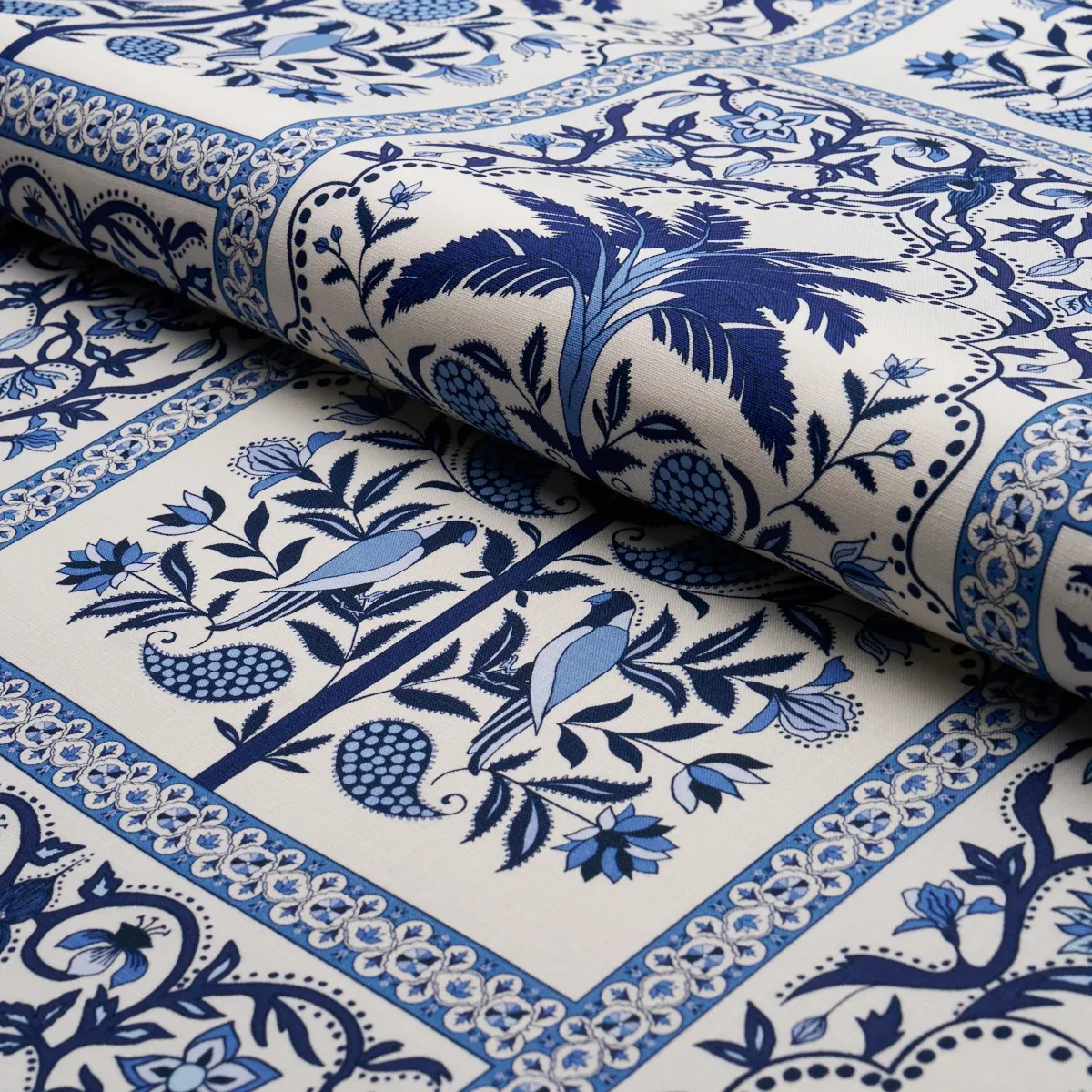 AMAZONAS MYSTIQUE Fabric – TROPICAL SHADES OF BLUE | Schumac AMAZONAS MYSTIQUE fabric TROPICAL SHADES OF BLUE color by Schumacher