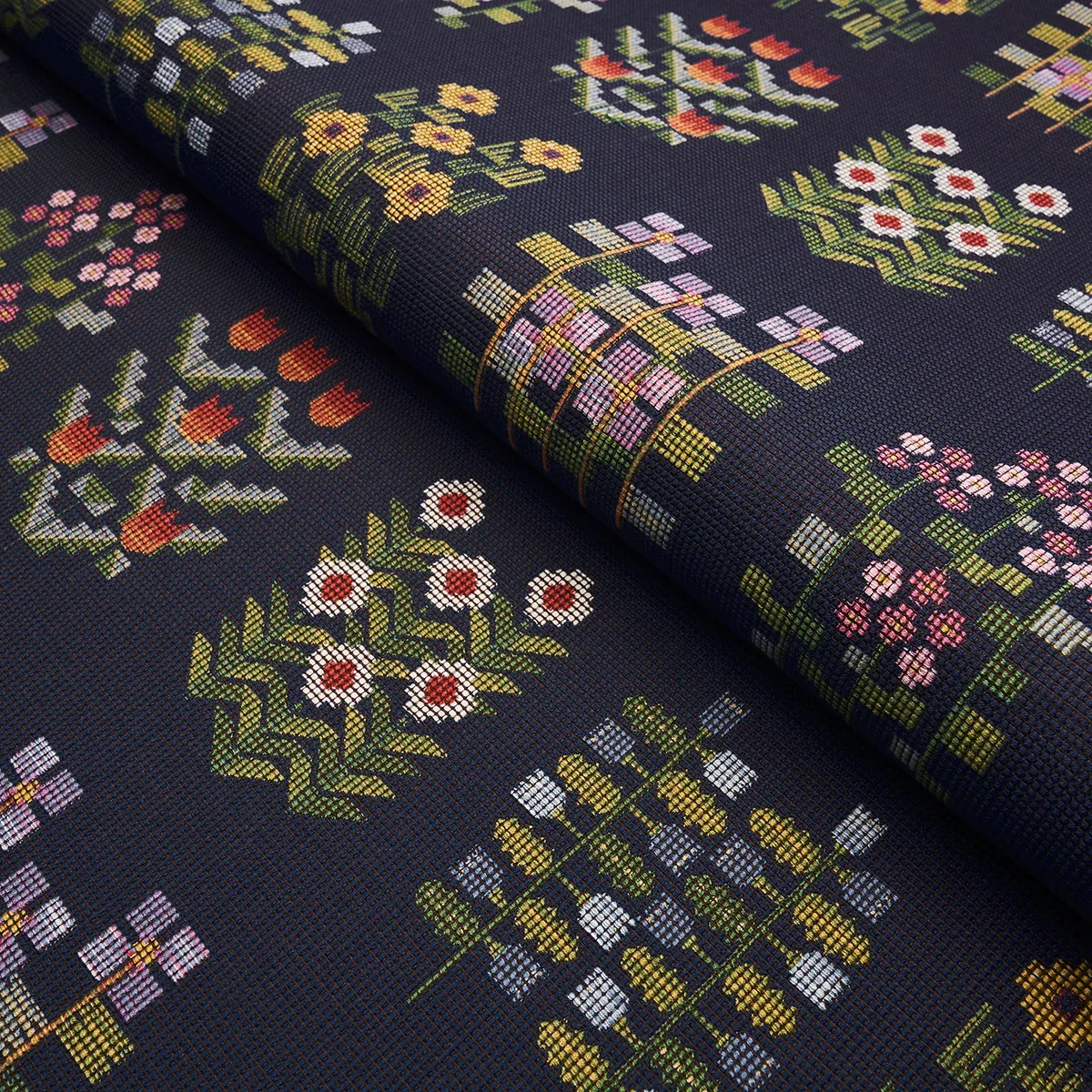 ANNIKA FLORAL TAPESTRY Fabric – MULTI ON NAVY | Schumacher | ANNIKA FLORAL TAPESTRY fabric MULTI ON NAVY color by Schumacher