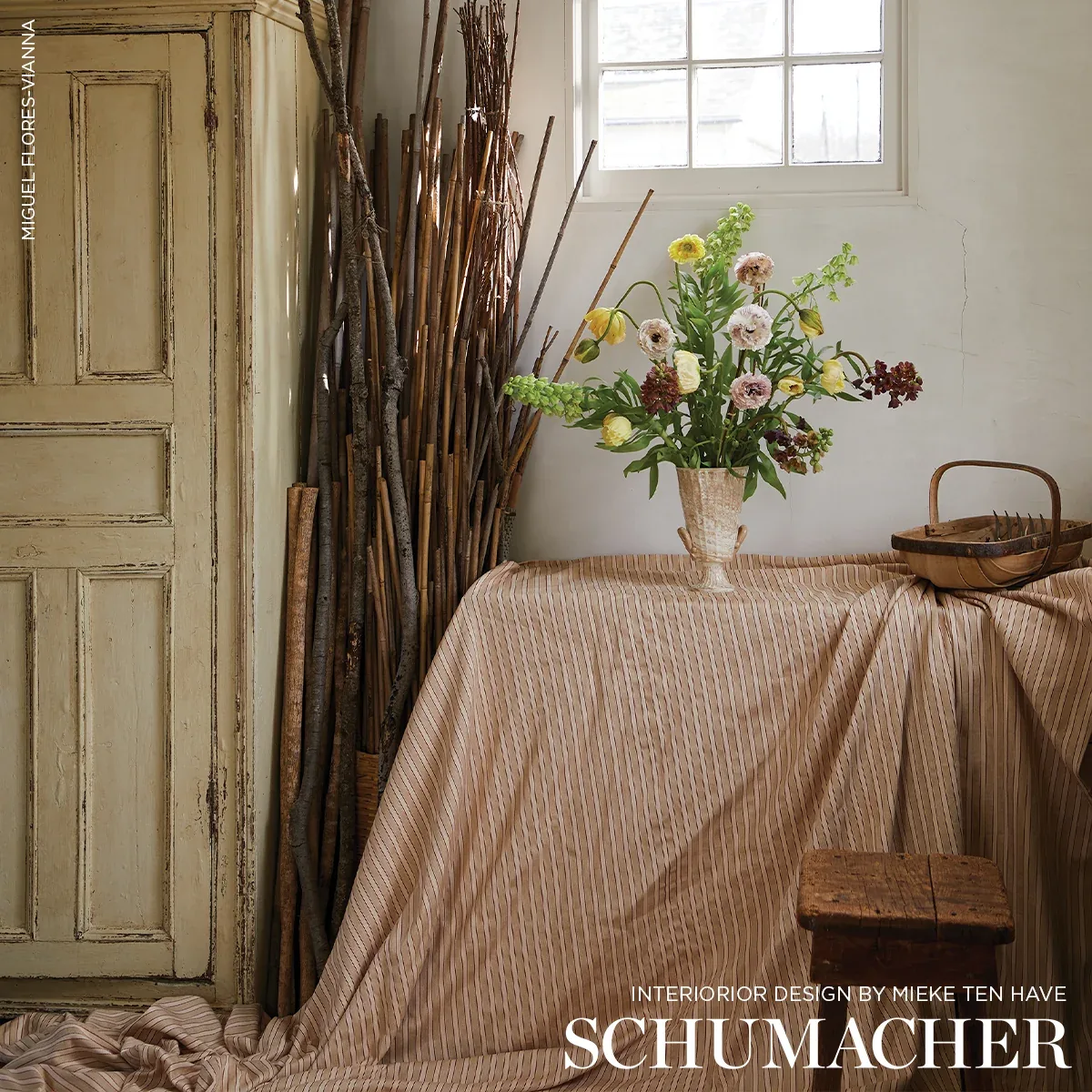 ANTIQUE TICKING STRIPE Fabric – SANDALWOOD | Schumacher | Wa ANTIQUE TICKING STRIPE fabric SANDALWOOD color by Schumacher