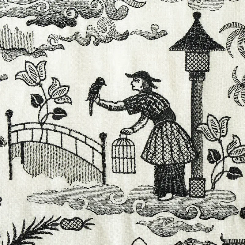 Bassano Embroidered Toile Fabric – BLACK | Schumacher | Wall Bassano Embroidered Toile fabric BLACK color by Schumacher