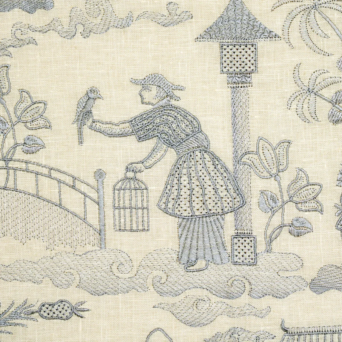 Bassano Embroidered Toile Fabric – DELFT | Schumacher | Wall Bassano Embroidered Toile fabric DELFT color by Schumacher