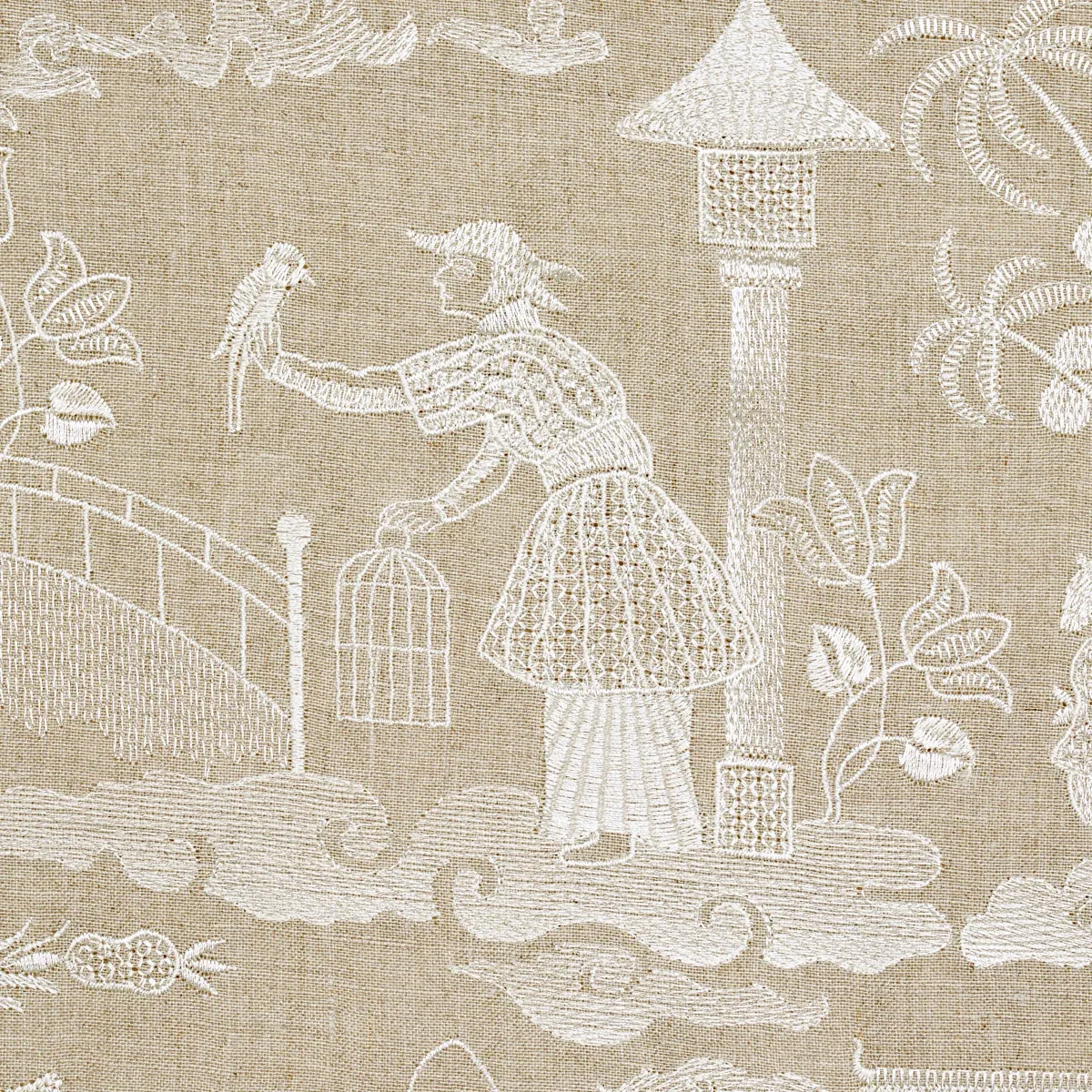 Bassano Embroidered Toile Fabric – LINEN | Schumacher | Wall Bassano Embroidered Toile fabric LINEN color by Schumacher