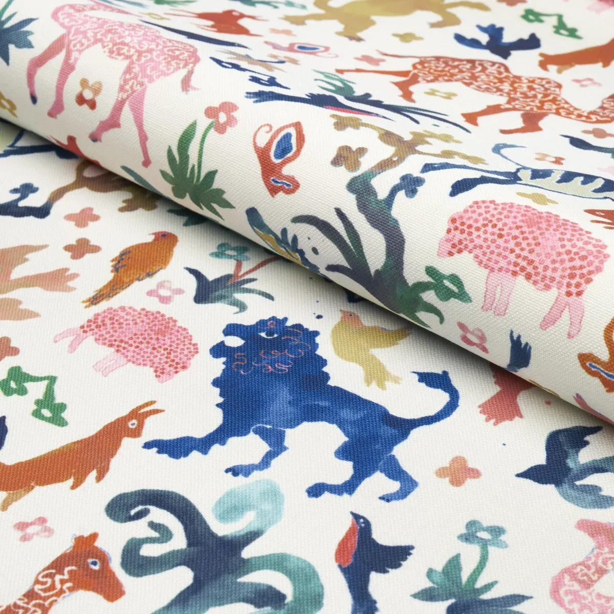 BEASTS INDOOR/OUTDOOR fabric MULTI ON IVORY color by Schumacher