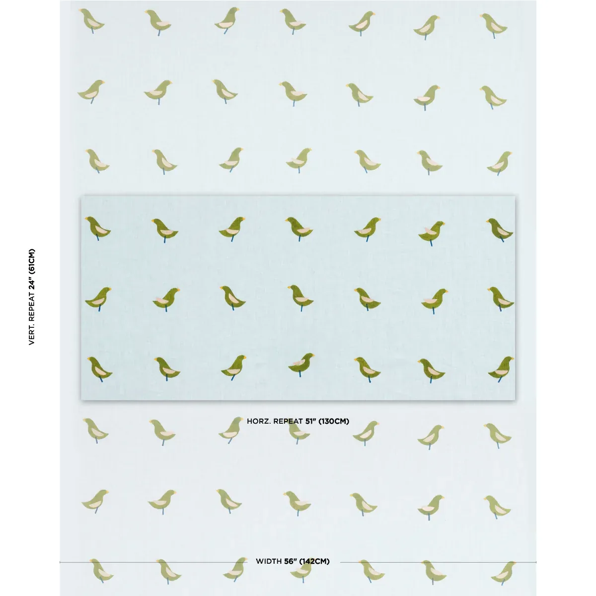 BIRDS HAND BLOCK PRINT Fabric – GREEN ON SKY | Schumacher | BIRDS HAND BLOCK PRINT fabric GREEN ON SKY color by Schumacher