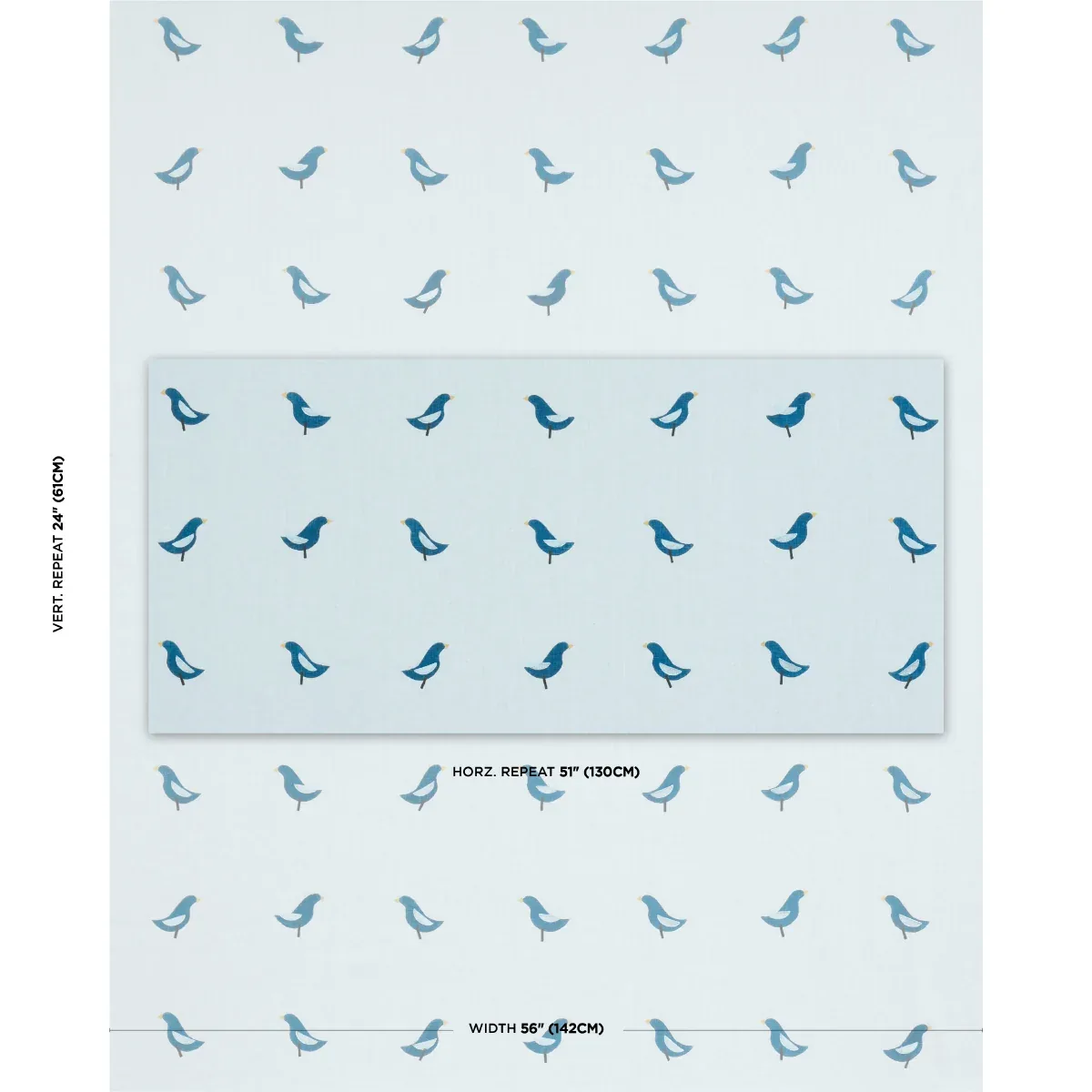 BIRDS HAND BLOCK PRINT fabric NAVY ON SKY color by Schumacher