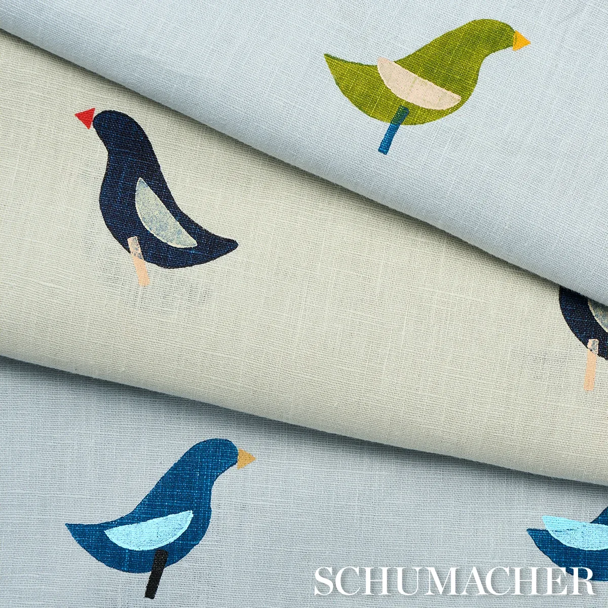 BIRDS HAND BLOCK PRINT fabric NAVY ON SKY color by Schumacher