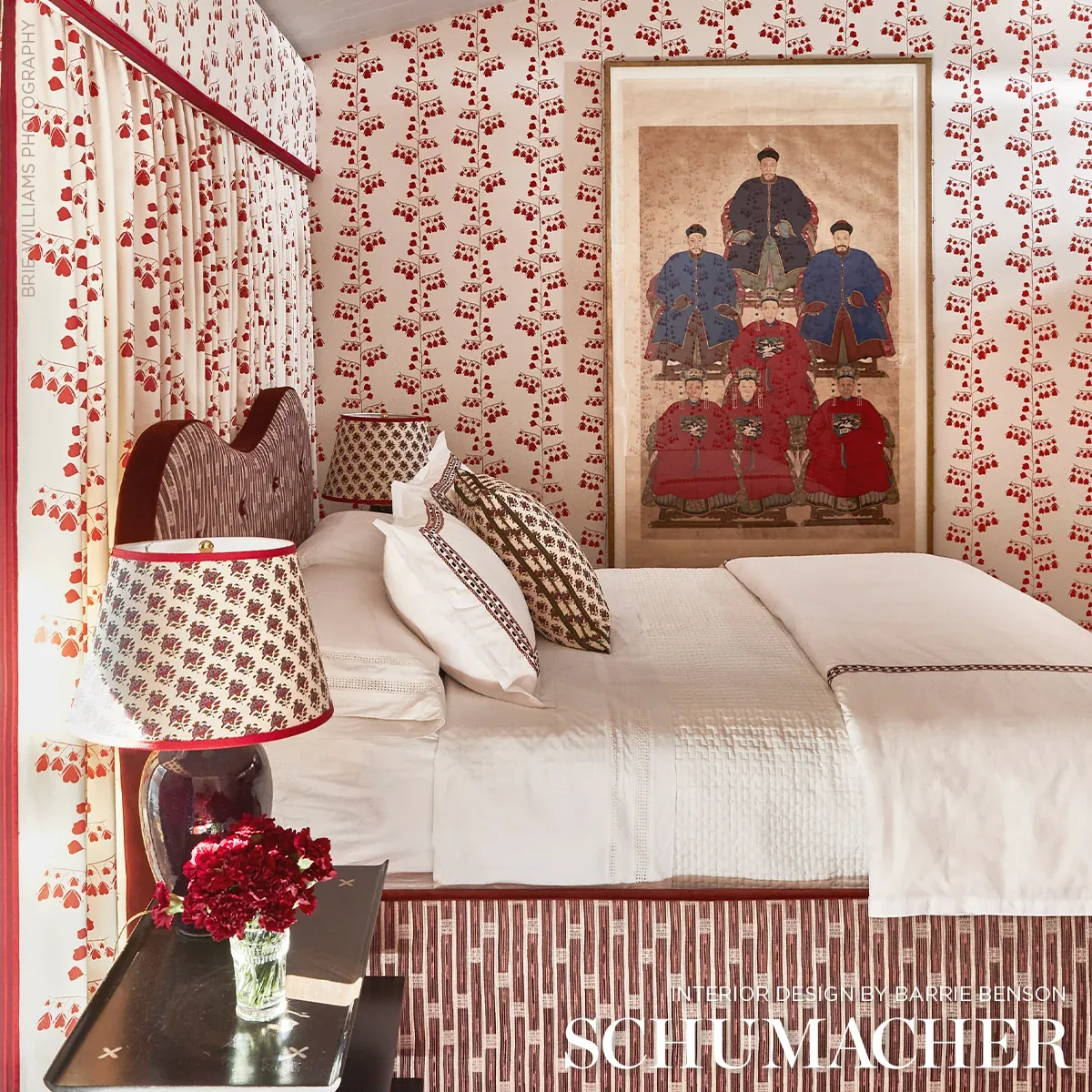 BLEEDING HEARTS Fabric – RED | Schumacher | Wallpaper Twins BLEEDING HEARTS fabric RED color by Schumacher