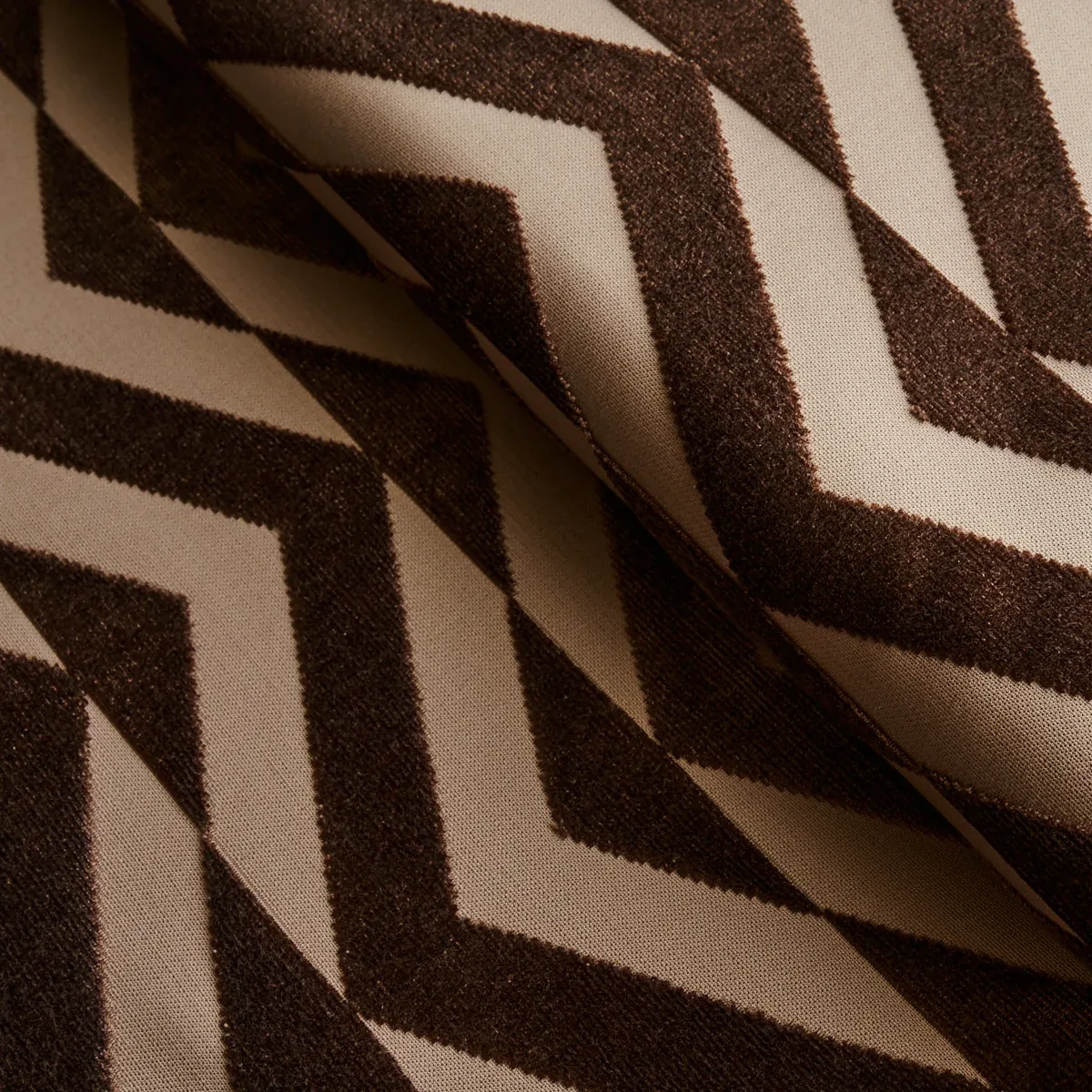 BROKEN CHEVRON CUT VELVET Fabric – BROWN ON CAMEL | Schumach BROKEN CHEVRON CUT VELVET fabric BROWN ON CAMEL color by Schumacher