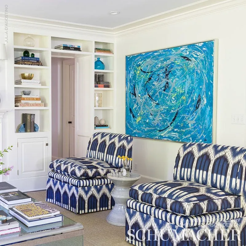 BUKHARA IKAT Fabric – INDIGO | Schumacher | Wallpaper Twins BUKHARA IKAT fabric INDIGO color by Schumacher