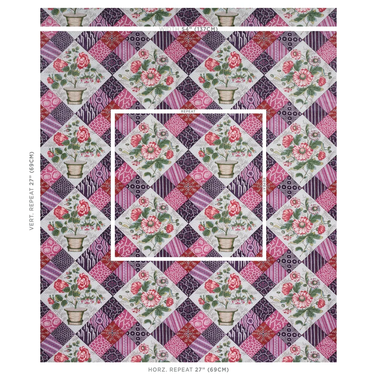 CALDWELL PATCHWORK CHINTZ fabric FUCHSIA AND PLUM color by Schumacher