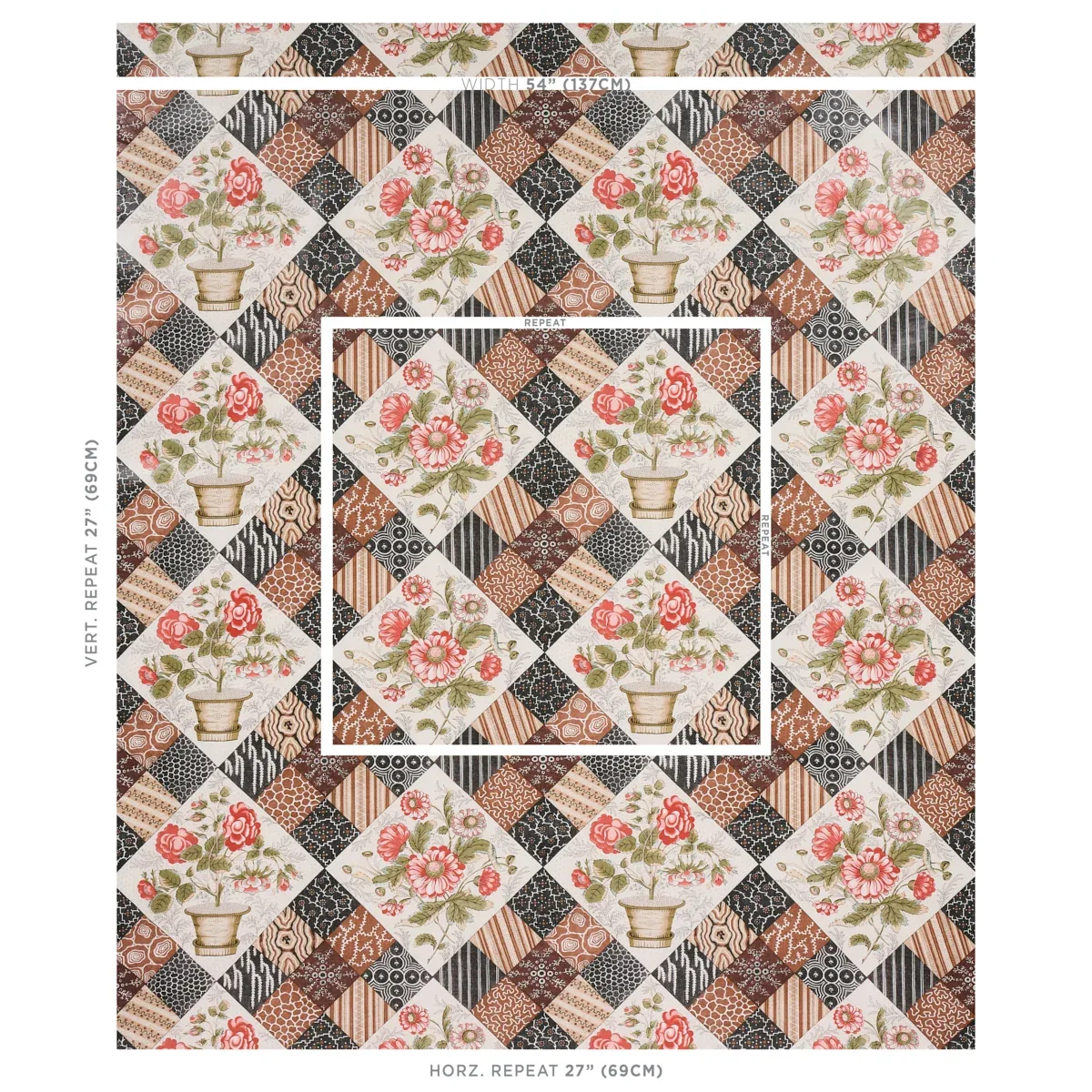 CALDWELL PATCHWORK CHINTZ Fabric – ROSE AND CHOCOLATE | Schu CALDWELL PATCHWORK CHINTZ fabric ROSE AND CHOCOLATE color by Schumacher