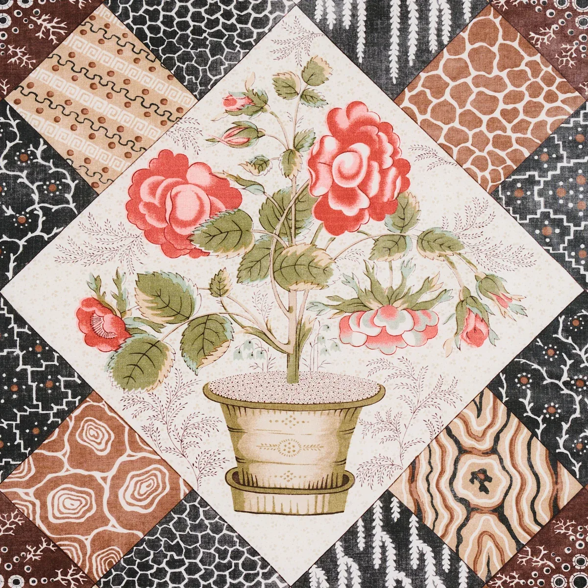 CALDWELL PATCHWORK CHINTZ Fabric – ROSE AND CHOCOLATE | Schu CALDWELL PATCHWORK CHINTZ fabric ROSE AND CHOCOLATE color by Schumacher