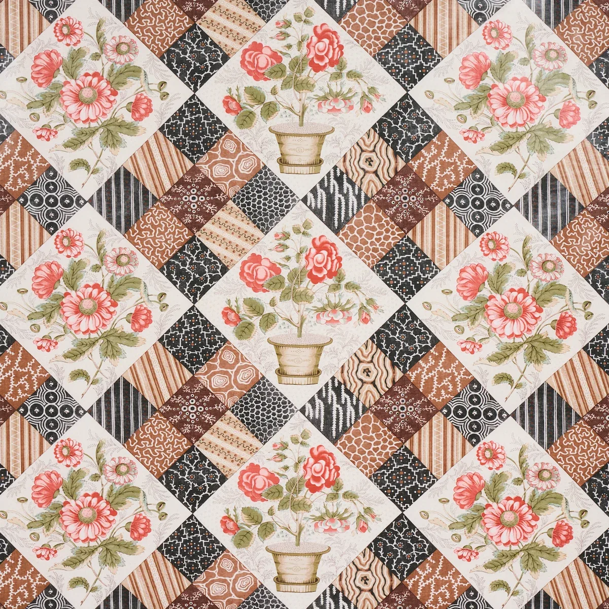 CALDWELL PATCHWORK CHINTZ fabric ROSE AND CHOCOLATE color by Schumacher